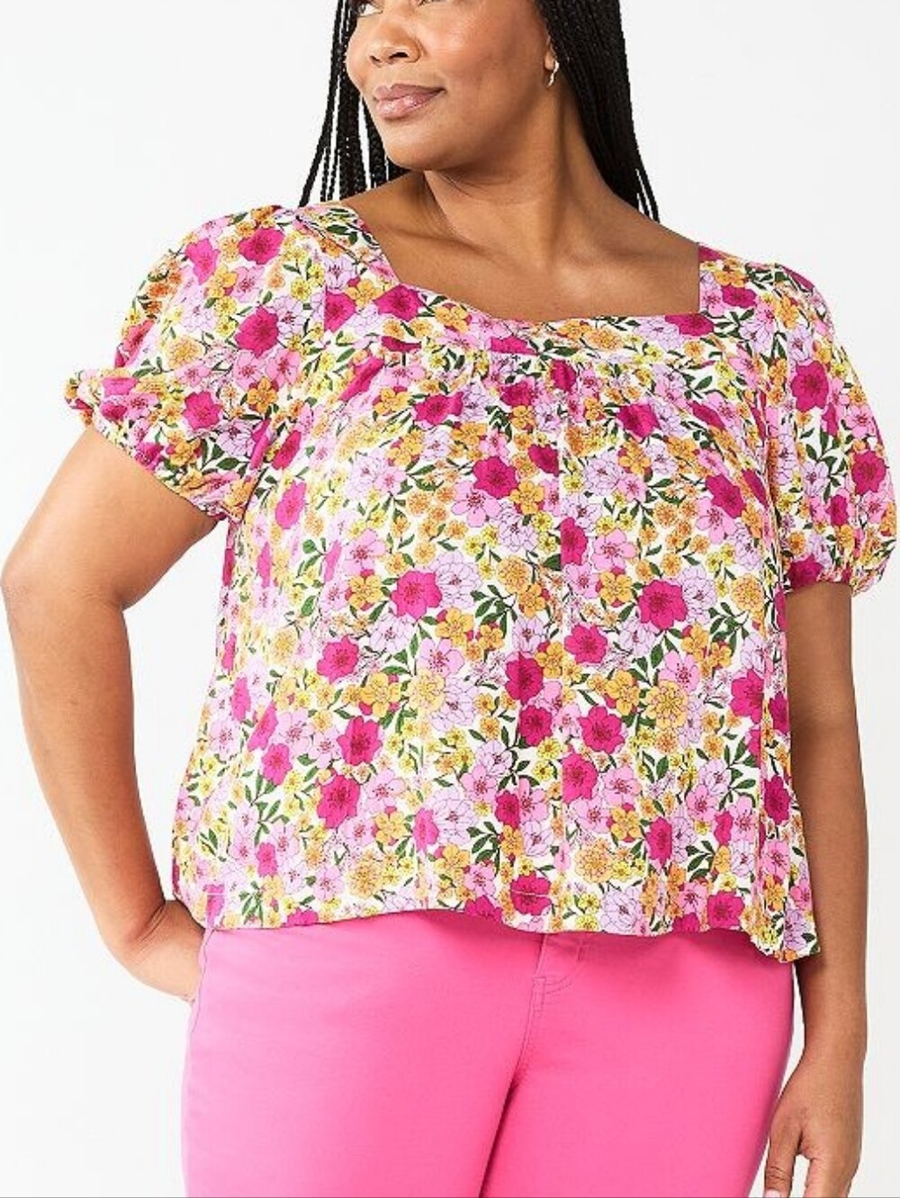 Draper James Pink and Yellow Floral Square-Neck Blouse